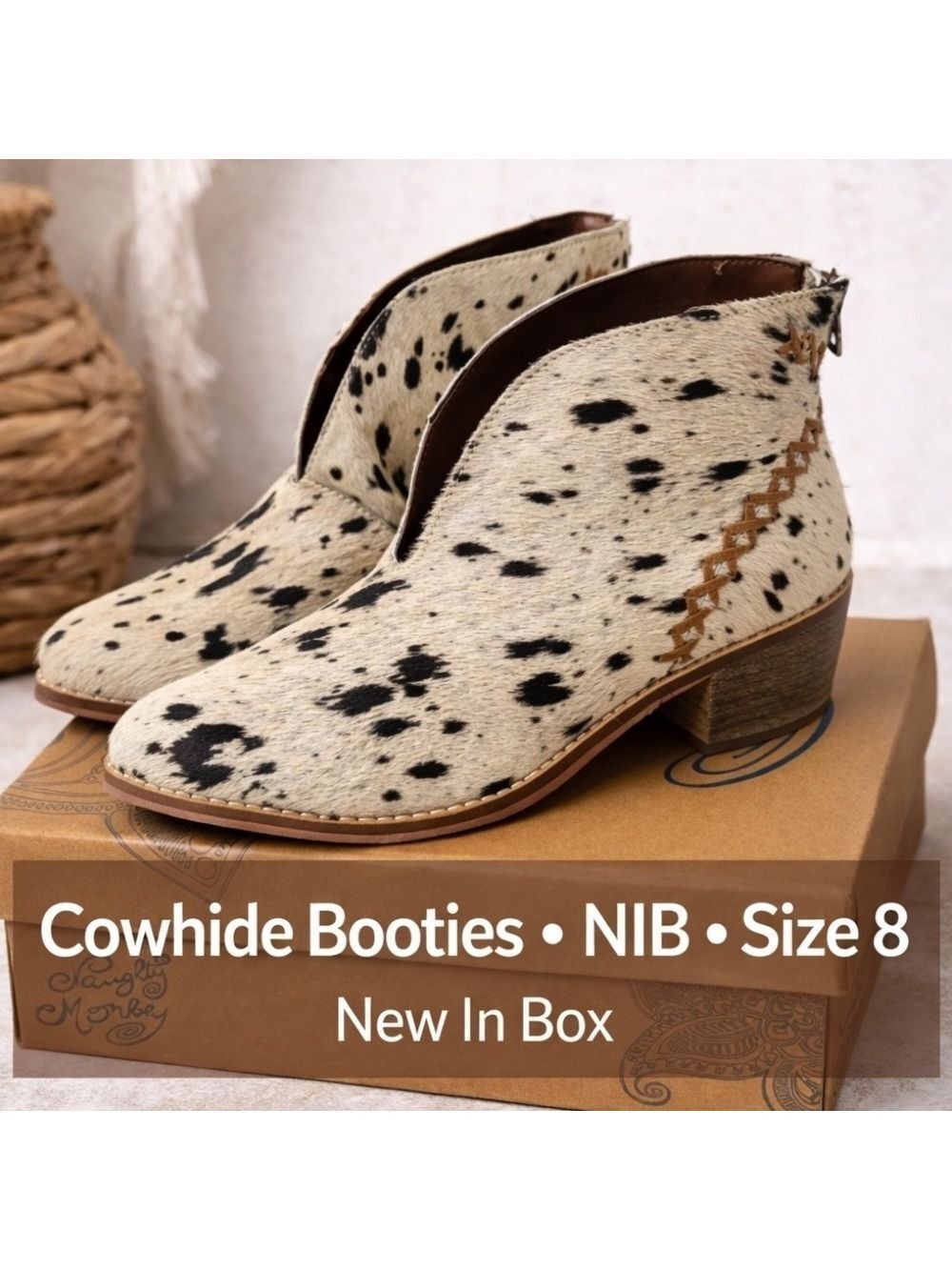 Naughty Monkey All Roads Cowhide Booties Size 8 NIB Cream Black Leather Western